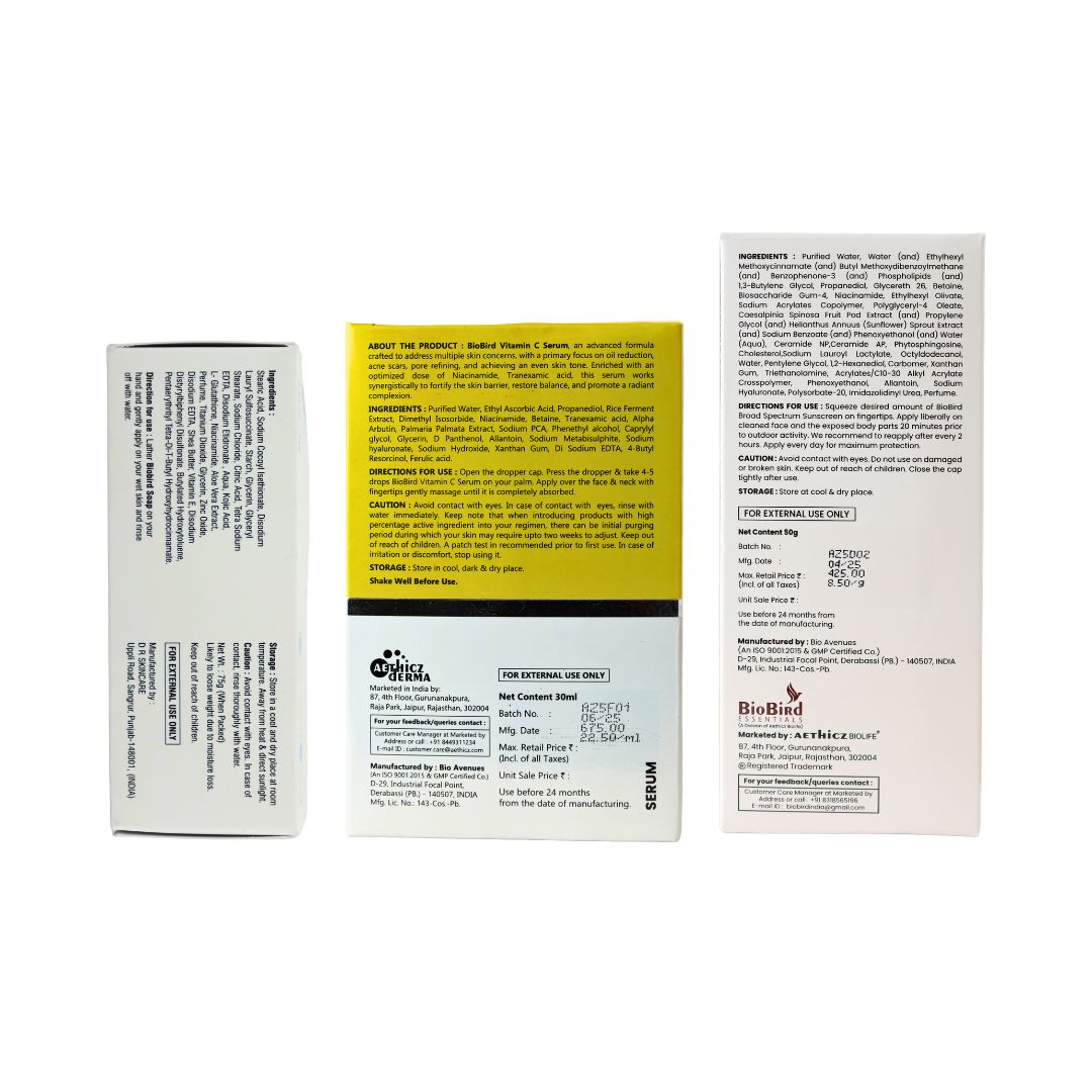 BioBird Glow Essential Kit  (Vitamin C Serum + SPF 50 PA+++ Sunscreen + Skin Glow Soap)