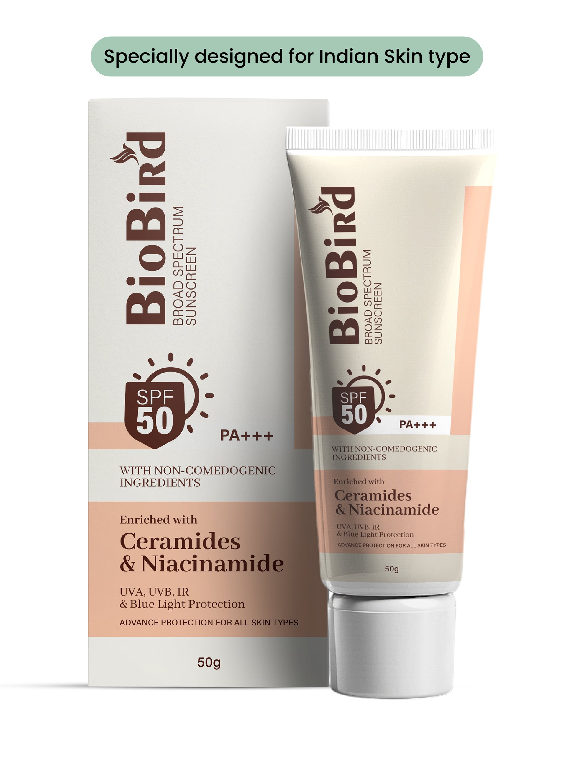 BioBird Sunscreen SPF 50 PA+++ | No White Cast | With Niacinamide & Ceramides