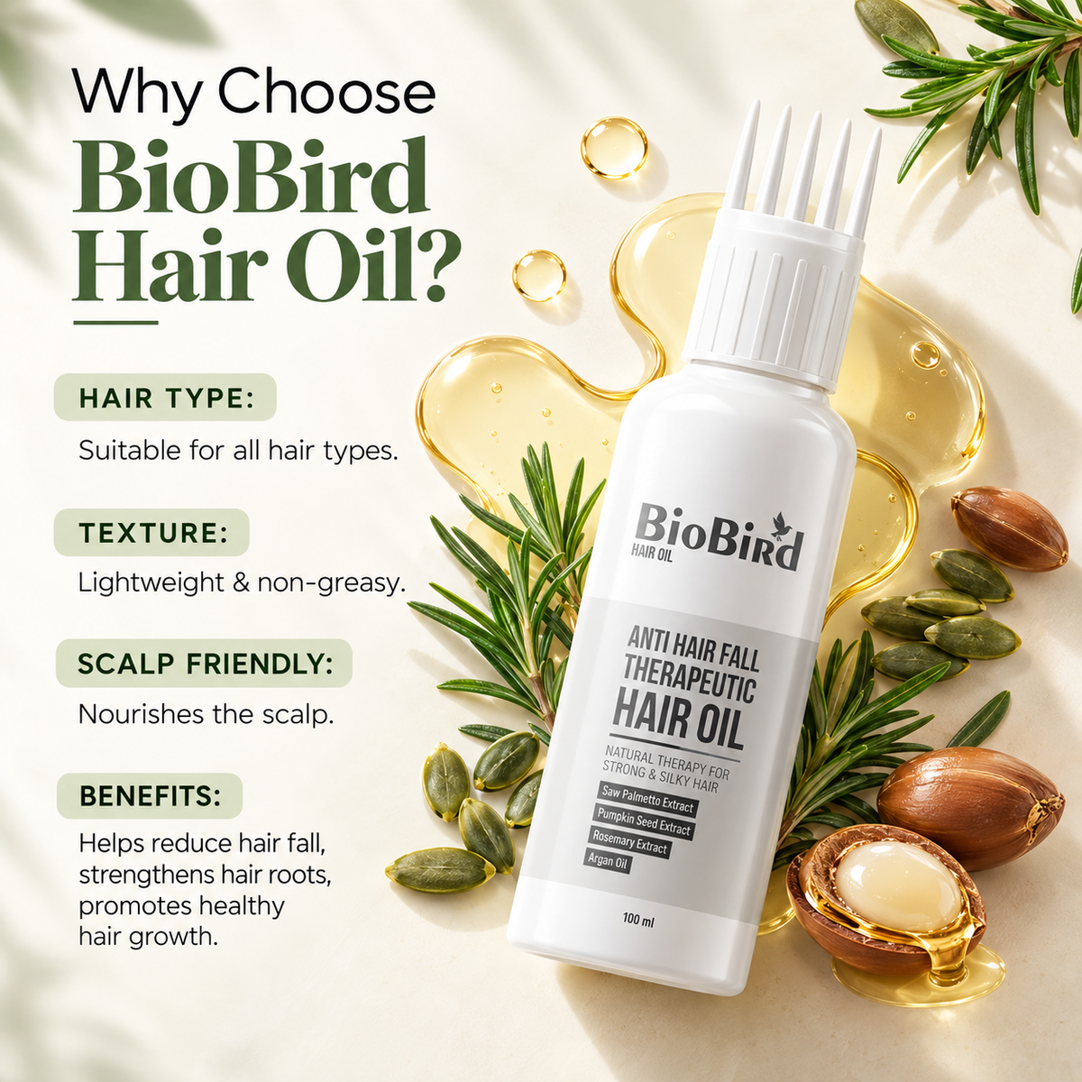 BioBird Rosemary Hair Growth Oil | Hair Fall Control & Stronger Hair | 100ml BioBird