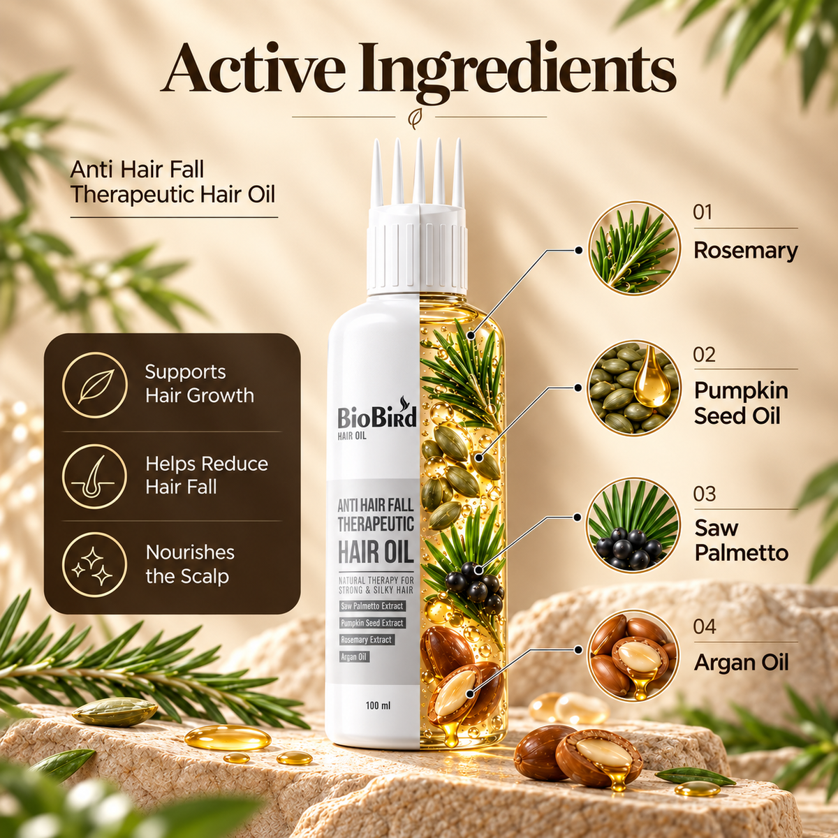 BioBird Rosemary Hair Growth Oil | Hair Fall Control & Stronger Hair | 100ml BioBird